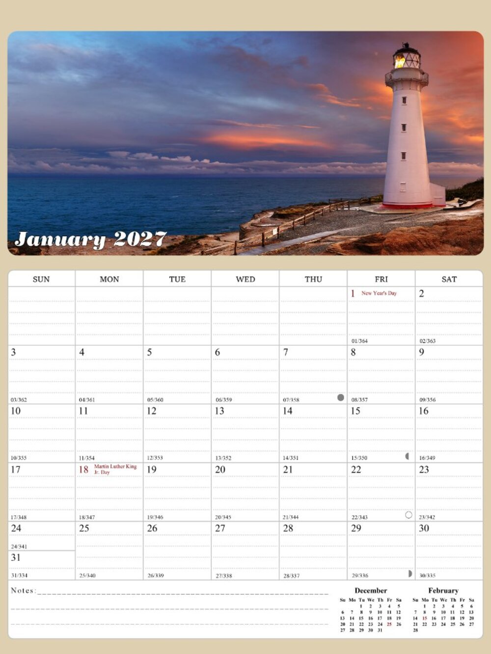 2027 Calendar Magnetic Peel & Stick 12 Months 8.5" x 11" Lighthouses